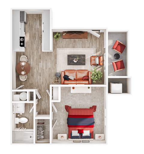 Floor plan for 1 bed, 1 bath, 770 sqft